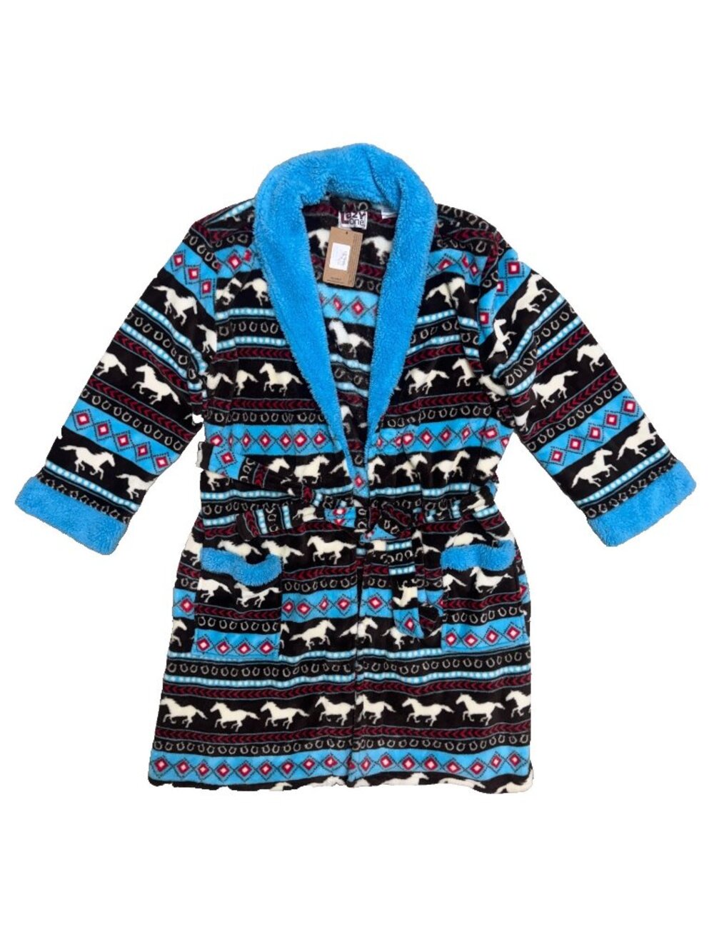 Lazy One Blue Brown Horse Fair Isle Plush Robe Size L/XL Southwestern loungewear